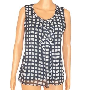 New York & Co Stretch Blouse Navy White Check Ruffle Front Sleeveless Top Size M